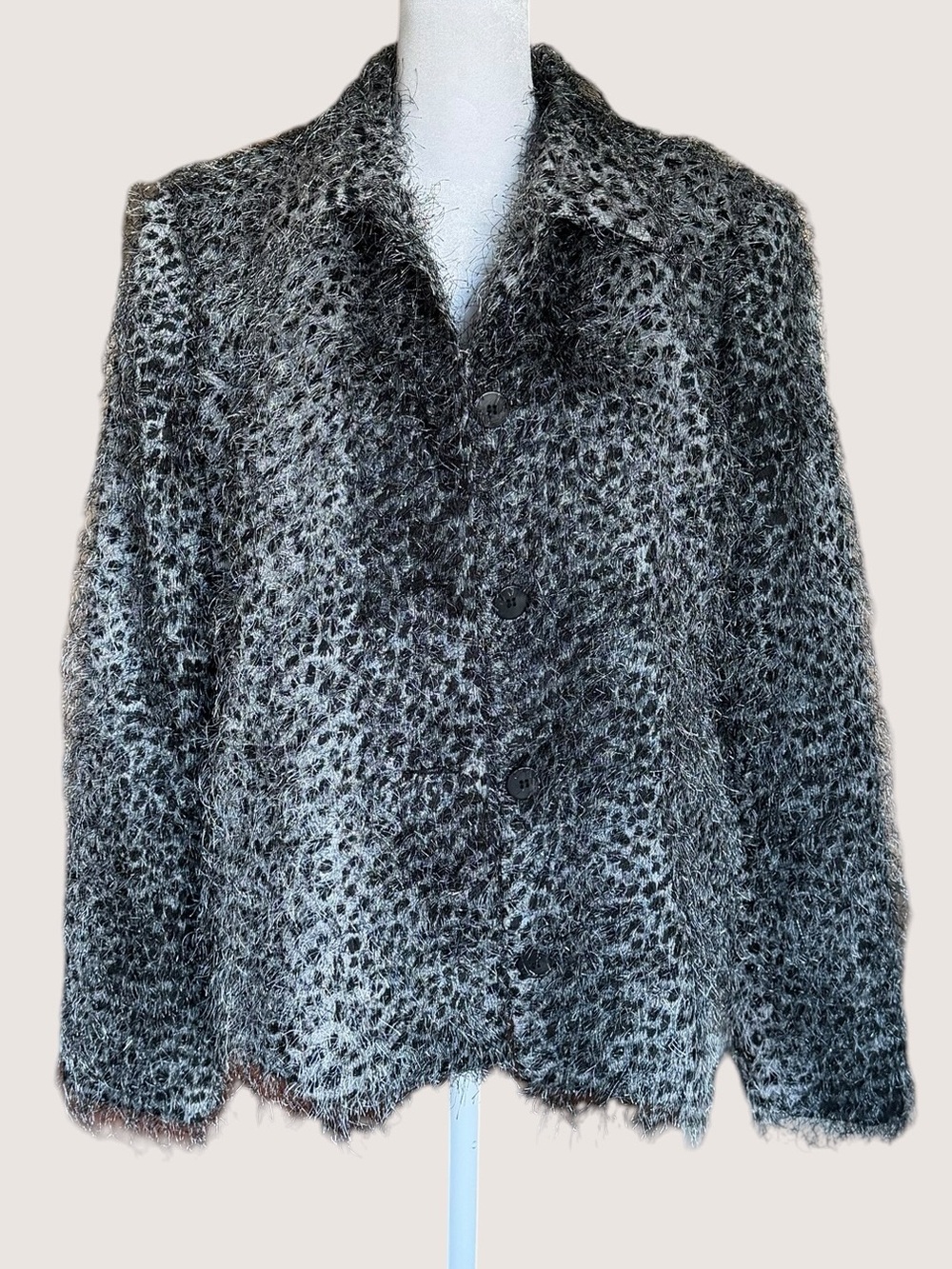 Vintage Giancarlo Ferrari Leopard Print Eyelash Knit Sweater Jacket Fuzzy L